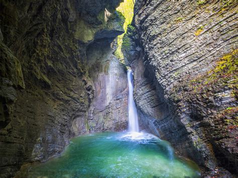 Slovenia Ravine And Small Waterfall On Soca River Stock Photo