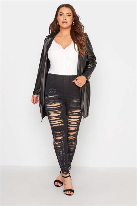 Plus Size Black Frayed Ripped Grace Jeggings Yours Clothing