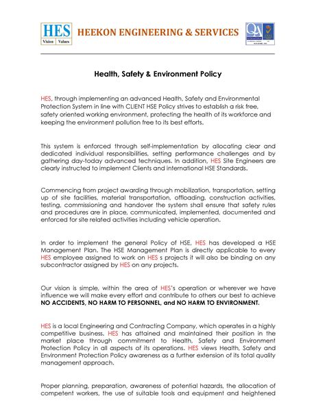 Hse Policy Page 001 Heekon Engineering And Services