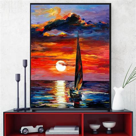 Sunset Oil Painting Print Canvas Multicolor Artwork Sailboat Seascape