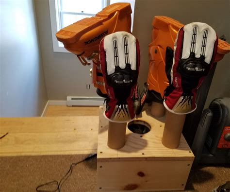 By cutting the pvc pipes and assemble to make the rack with 2 arms and 2 feets with a blowing hole at top. Building a Boot Dryer | Boot dryer, Diy wood projects, Diy