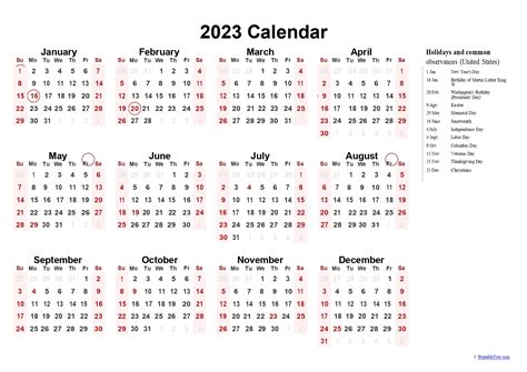 2023 Printable Yearly Calendar With Holidays Imagesee