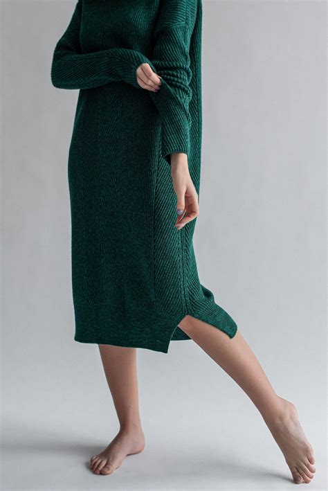 Green Turtleneck Dress For Women Knitted Ankle Length Dress Etsy