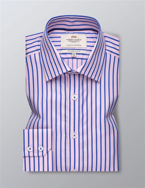 Mens Formal Pink And Light Blue Bold Stripe Slim Fit Shirt Single Cuff Easy Iron Hawes And Curtis