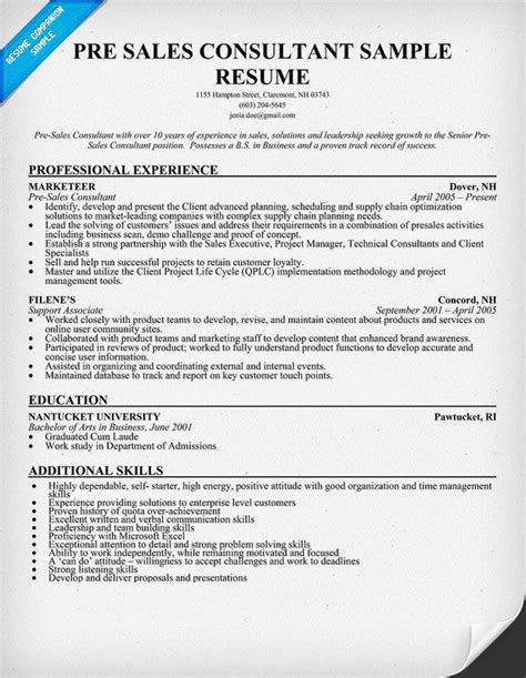 Sample job description for sales consultant resume. Pre #Sales Consultant Resume Sample (resumecompanion.com ...