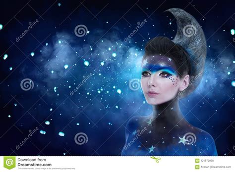 Fantasy Portrait Of Moon Woman With Stars Make Up And Moon Style Hairdo