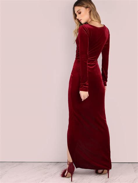Long Sleeve Asymmetrical Velvet Maxi Dress Wine Sheinsheinside