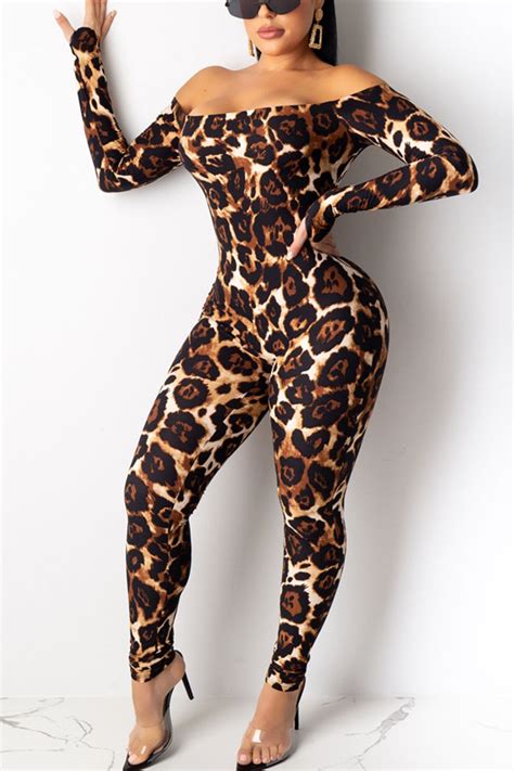 leopard print sexy leopard grain polyester long sleeve one word collar jumpsuits in 2022