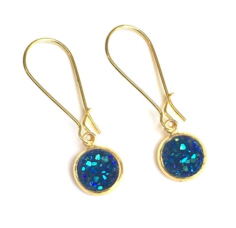 Blue Druzy Gold Earrings Raw Crystal Dangle Quartz Gemstone Jewelry