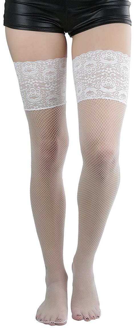 Tobeinstyle Womens Fishnet Thigh Hi Hosiery With Wide Floral Lace Top