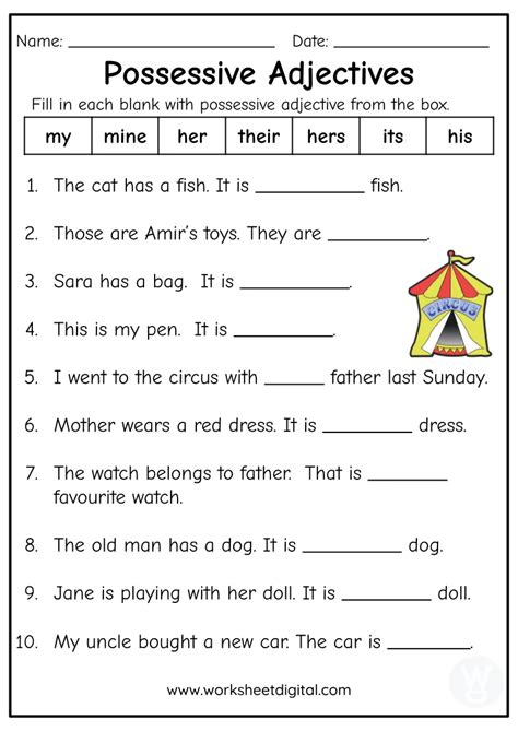 Possessive Adjectives Free Printables Grade English