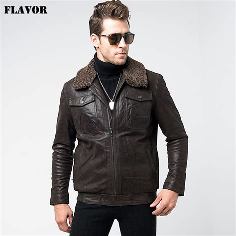 2017 Mens Pigskin Real Leather Bomber Jacket Removable Faux Fur Collar