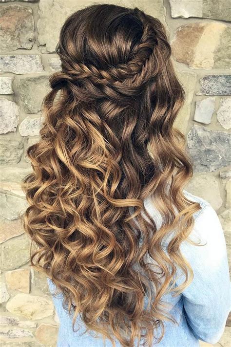 half up half down wedding hairstyles ideas long volume curly hair with braided crown