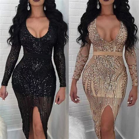 Wholesale Ladies Sexy Deep V Neck Sequins Mesh Open Fork Long Sleeve