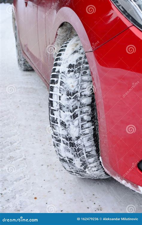 Winter Tyre Red Car Empty Snowy Road Stock Photo Image Of Cold