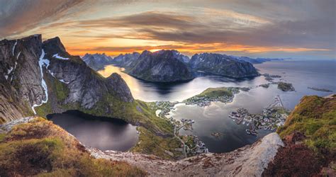 Sunset In Norway In Lofoten Island Reinebringen Reine Town Stock Photo