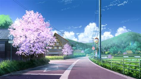 Download 3840x2160 Cherry Blossom Anime Landscape Scenic Street Sky