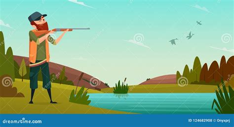 Duck Hunting Background Cartoon Illustration Of Hunter On Hunt Stock