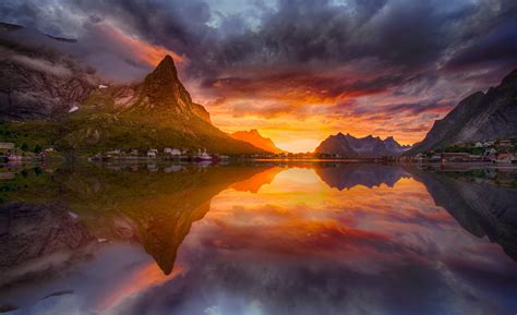 Sunset Nature Fjord Landscape Village 1080p Midnight Norway