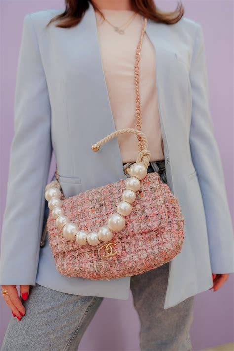 Chanel Pink Tweed Flap Bag With Pearl Detail Adl1833 Luxurypromise
