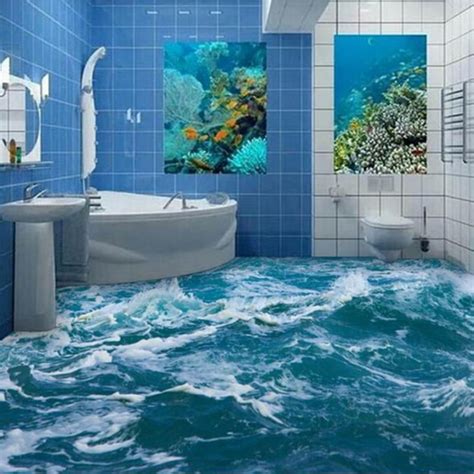 Custom 3d Floor Mural Wallpaper Sea Water Wave Bathroom 3d