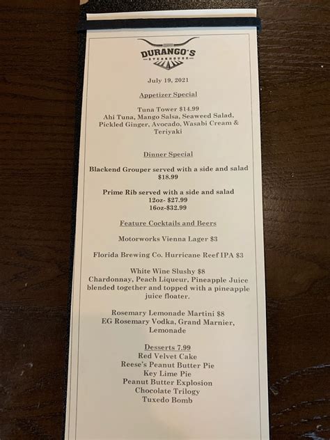 Durangos Steakhouse Home Titusville Florida Menu Prices