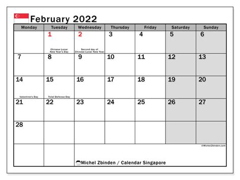 Printable February 2022 “singapore” Calendar Michel Zbinden En