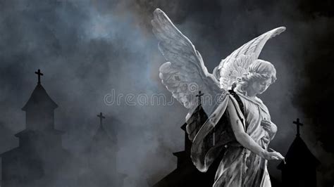 Woman Angel With Wings And Old Churches Silhouettes In Background Stock