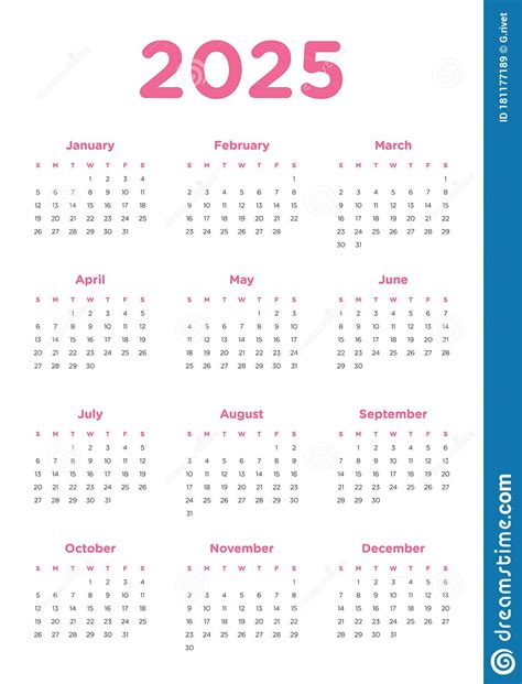 Annual Calendar For 2025 Stock Vector Illustration Of Template 181177189