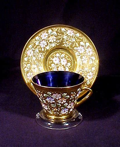 Antique Moser Glass Cup Saucer Enameled Gilt