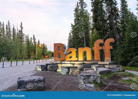 Banff Town Sign In Summer Evening Banff National Park Editorial Image