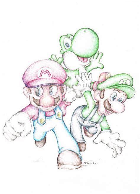 Super Mario With Luigi Yoshi Coloured Pencil Drawing By Steven Davis