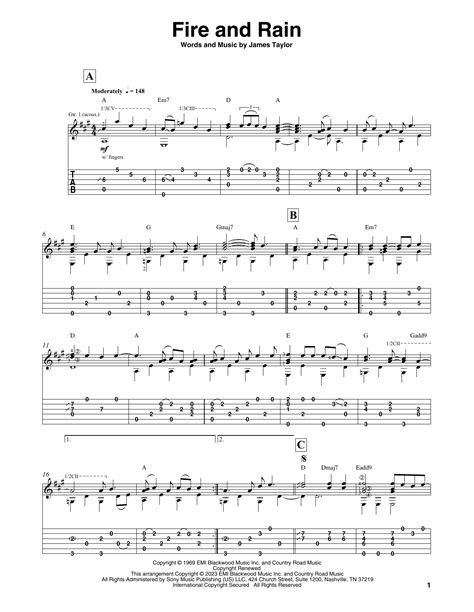 Fire And Rain Sheet Music James Taylor Solo Guitar