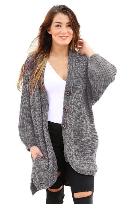 Gray Chenille Buttoned Sweater Cardigan Long Sleeve Knit Sweaters