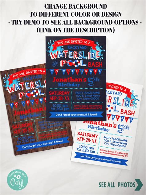 Waterslide And Pool Summer Backyard Birthday Bash Invitation Etsy