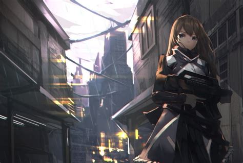 Wallpaper Futuristic Anime Girl Outfit Raining Street