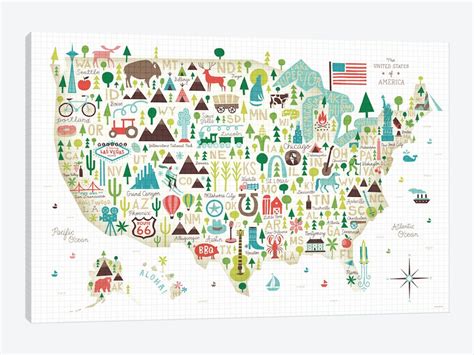 Illustrated Usa Map By Michael Mullan 1 Piece Canvas Wall Art Map