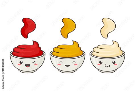 Sauce Kawaii Vector Funny Character Bowl Ketchup Mustard Mayonnaise
