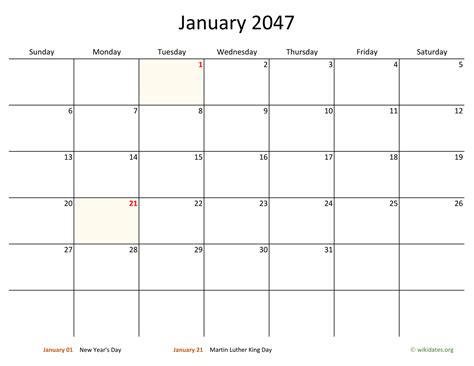 January 2047 Calendar With Bigger Boxes
