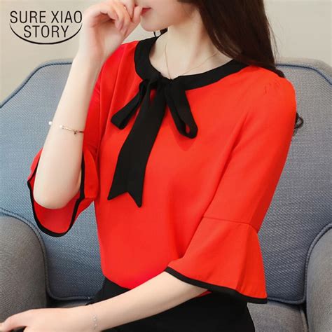 2018 new spring fashion solid office lady casual plus size women tops short sleeved blouses bow
