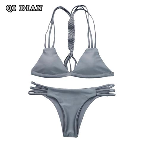 Qi Dian 2017 Women Bandage Thong Brazilian Bikinis Swimwear Female Sexy Gray Push Up Swimsuit
