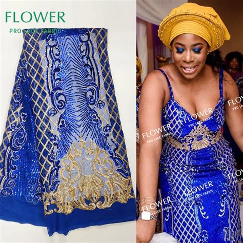Royal Blue Color African Nigerian Mesh Lace With Gold Sequins