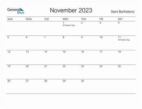 Printable November 2023 Monthly Calendar With Holidays For Saint Barthelemy