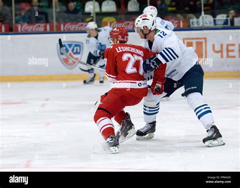 Moscow January 15 V Leshchenko 27 Versus D Kosmachev 12 During Hockey Game Spartak Vs