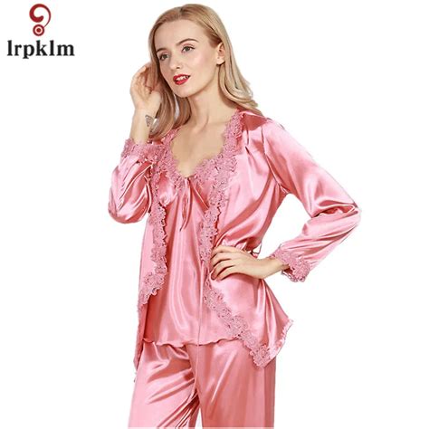Lady Silk Satin Pajama Women Sexy 3 Pieces Pajama Set Sleepwear V Neck Top Wrist Sleeves Full