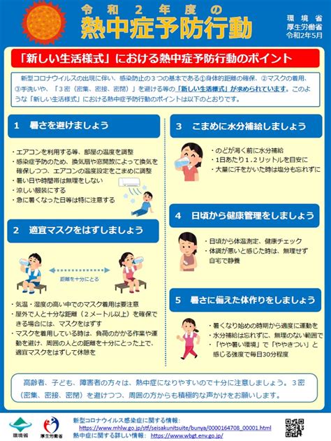 □ 労働衛生管理体制 衛生管理者などを中心に 必要なら熱中症予防管理者の選任も行いましょう。 □ 緊急時の措置の確 体調不良時に搬送する病院や緊急時の対応について確認を 認 行い、周知しましょう。 厚労省発～「新しい生活様式」における熱中症予防 | 岐阜市の ...