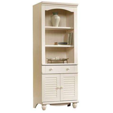 Sauder Harbor View Library Bookcase With Doors Antiqued White Finish
