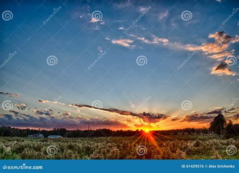 Sun Setting Over Country Farm Land In York South Carolina Stock Photo