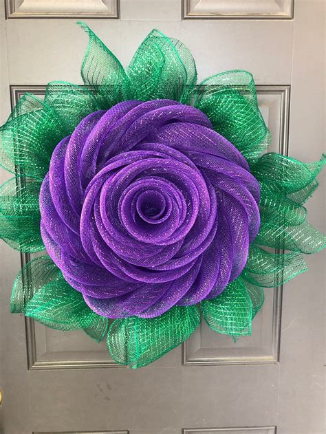 Spring Purple Rose Wreath Mothers Day Flower Wall Hanging Etsy Mesh