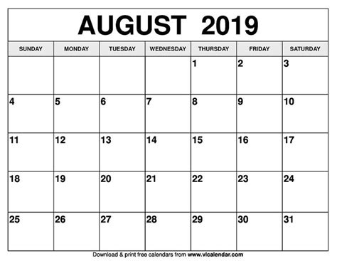 August 2019 Calendar Printable Templates Free Calendar Printables